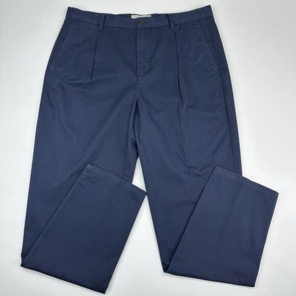 Everlane Pleated Chino Pants Navy Blue Organic Cotton Stretch 33-35x30 Tapered